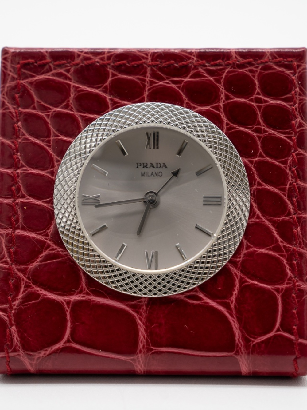 Prada Desk Clock Watch Table Red Leather Croc Steel Case - Picture 2 of 7